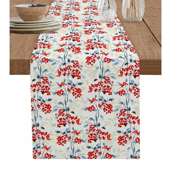 Boanket Red Flowers Table Runner - 72 Inch Long, Kitchen Dining Table Runner Dresser Scarves, Country Spring Botanical Floral Leaves Herbs Farmhouse Decor for Coffee Tables Wedding Party Banquet