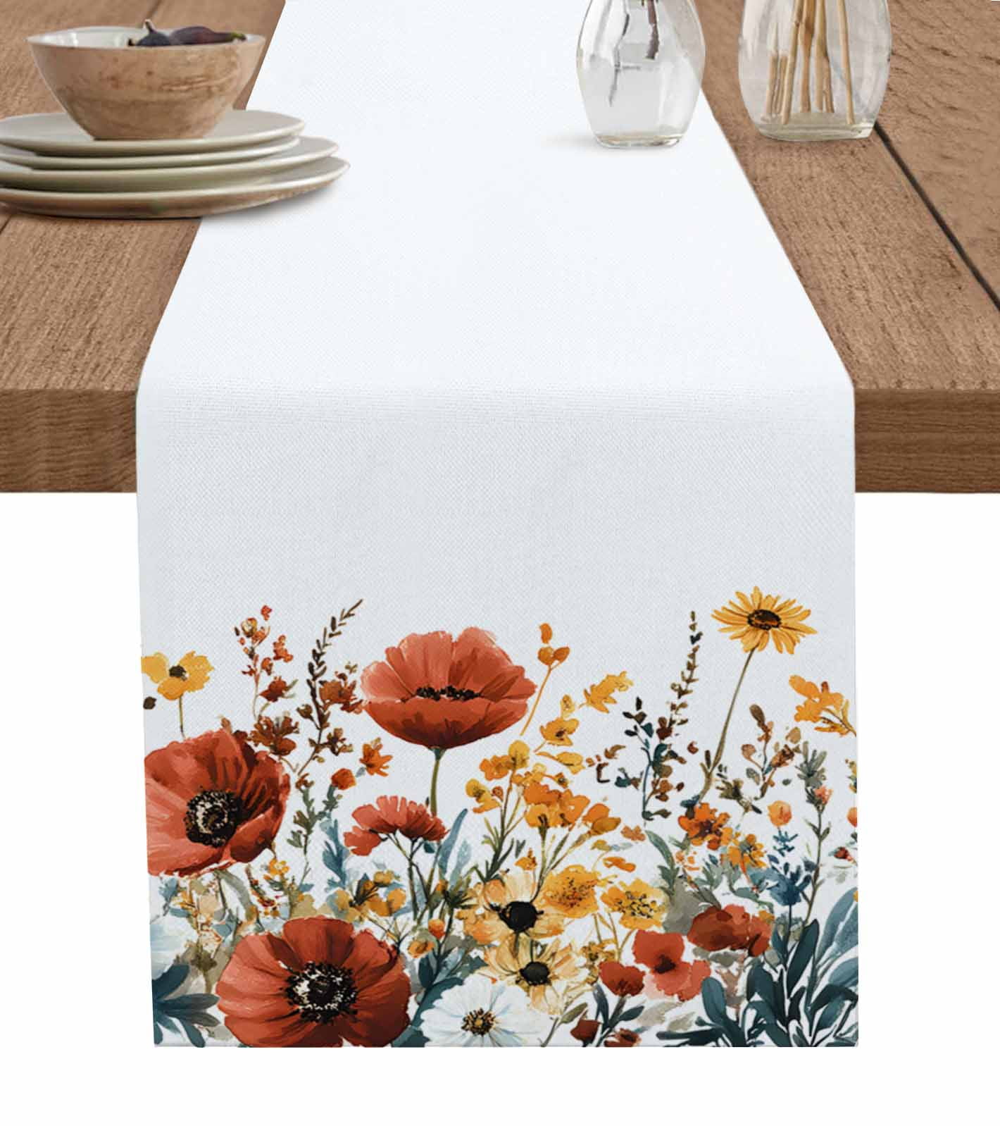 Boanket Red Poppy Sunflowers Table Runner - 60 Inch Long, Kitchen ...