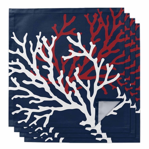 Boanket Red White Coral Cloth Napkins Set of 4, Holiday Napkins for Baby Shower, Summer Ocean Nautical Coastal Navy Blue Washable Reusable Dinner Napkins for Cocktail Wedding Party, 20 x 20 Inch
