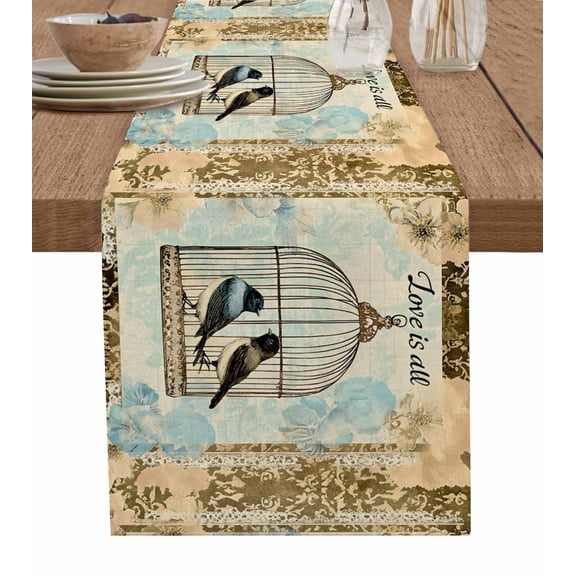 Boanket Retro Birds Cage Table Runner - 36 Inch Long, Kitchen Dining Table Runner Dresser Scarves, Watercolor Floral Pattern Farmhouse Decor for Coffee Tables Wedding Party Banquet