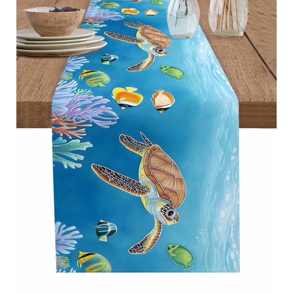 Boanket Sea Turtle Coastal Table Runner - 120 Inch Long, Kitchen Dining Table Runner Dresser Scarves, Cartoon Ocean Nautical Farmhouse Decor for Coffee Tables Wedding Party Banquet