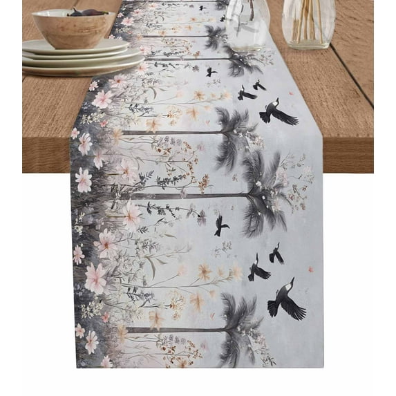 Boanket Spring Floral Table Runner - 60 Inch Long, Kitchen Dining Table Runner Dresser Scarves, Watercolor Birds Palm Tree Botanical Farmhouse Decor for Coffee Tables Wedding Party Banquet