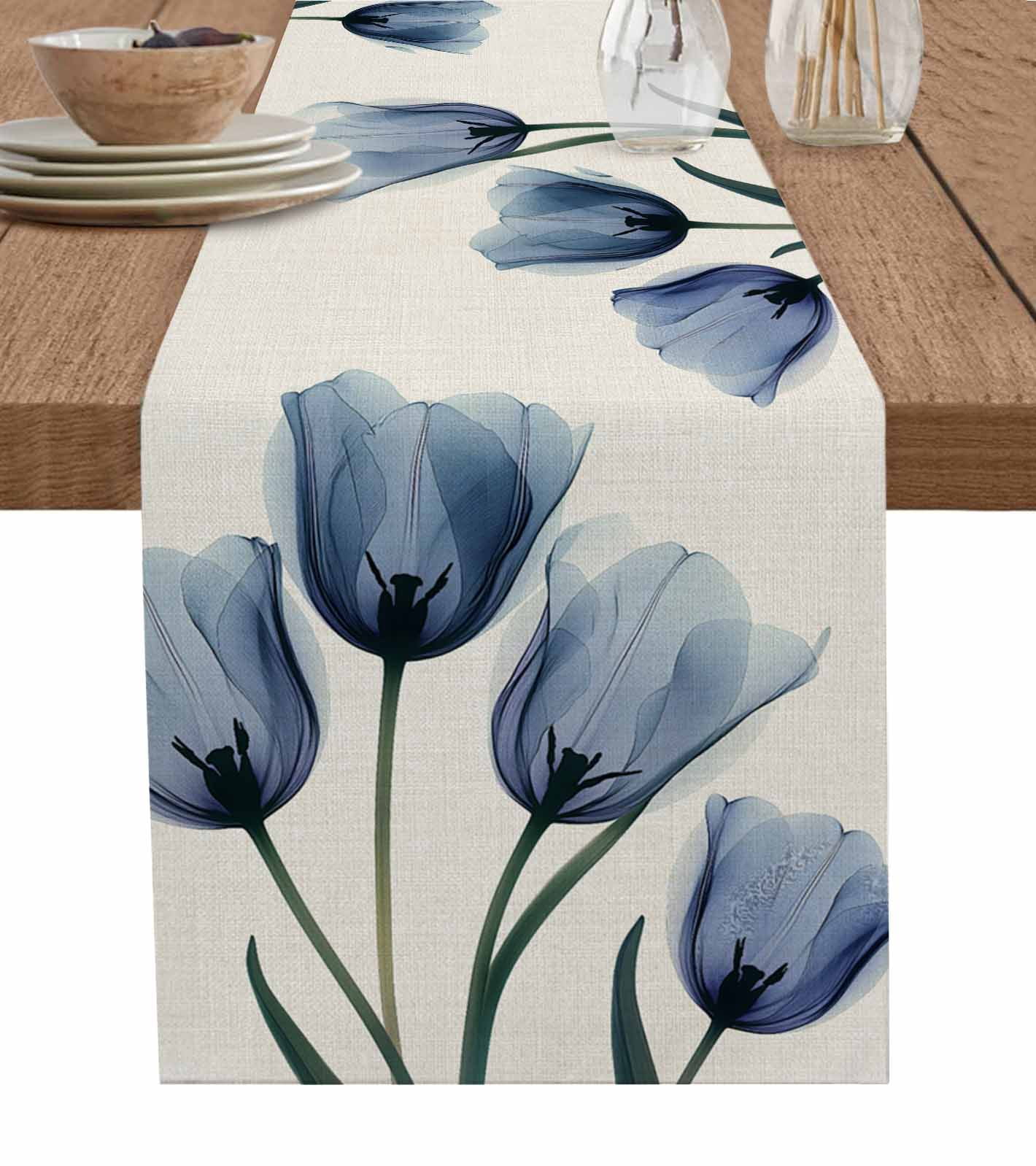 Lsrtoss Spring Floral Table Runner – 90 Inches Long, Blue Tulip Botanical Print, Cotton Linen Blend For Farmhouse Decor