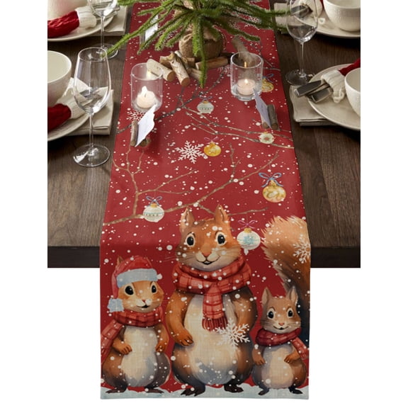 Boanket Squirrel Christmas, Table Runner - 48 Inch Long, Kitchen Dining Table Runner Dresser Scarves, Red Xmas Balls Retro Snowflake Farmhouse Home Decor for Coffee Table Wedding Party Banquet