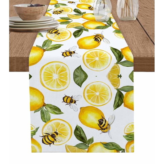 Boanket Summer Lemon Table Runner - 70 Inch Long, Kitchen Dining Table Runner Dresser Scarves, Bee Green Botanical Yellow Fruits Farmhouse Decor for Coffee Tables Wedding Party Banquet