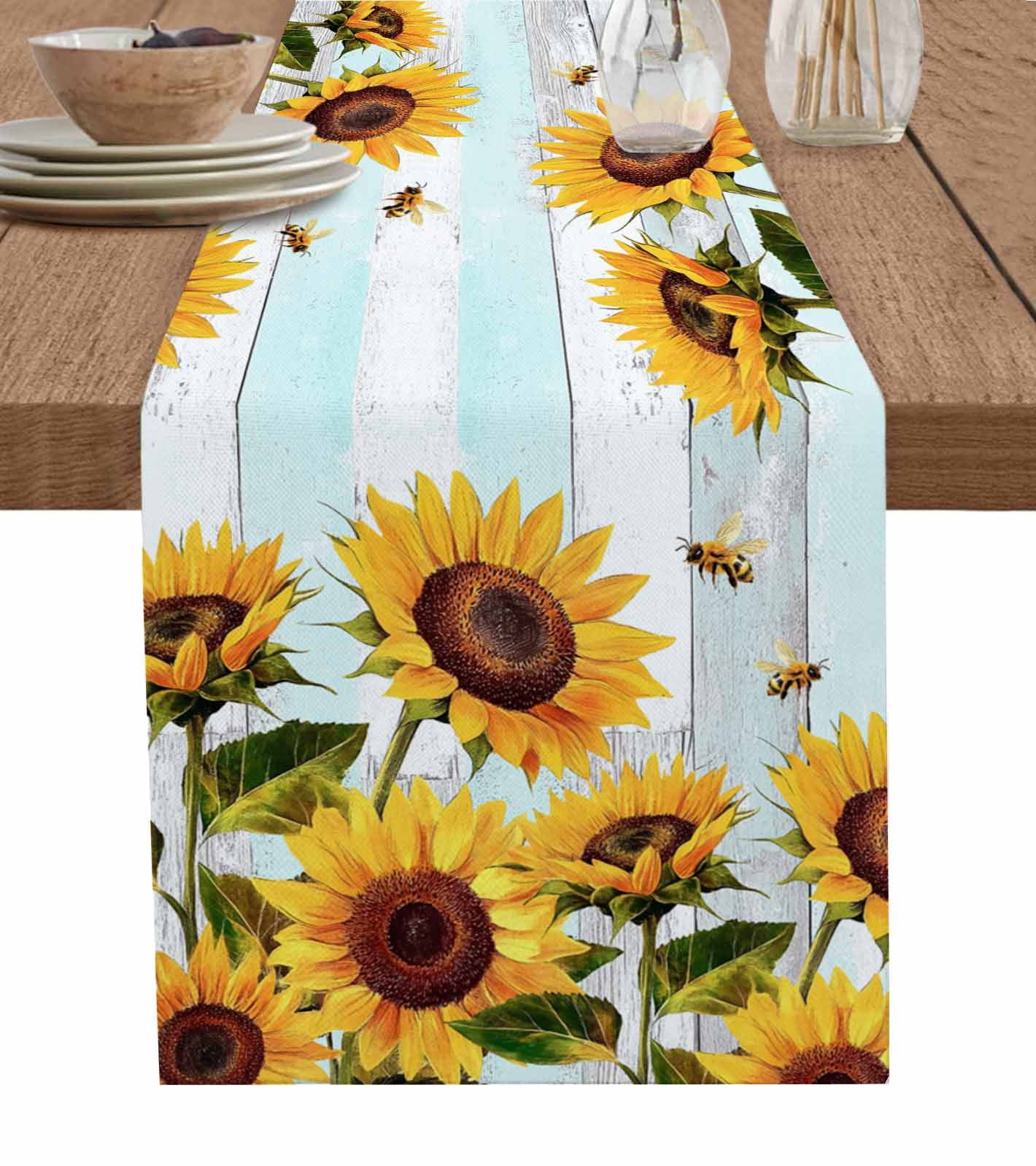 Extra Long Sunflower & Bee Table Runner - 13x120 Inch Cotton Linen Rustic Farmhouse Decor - View #7
