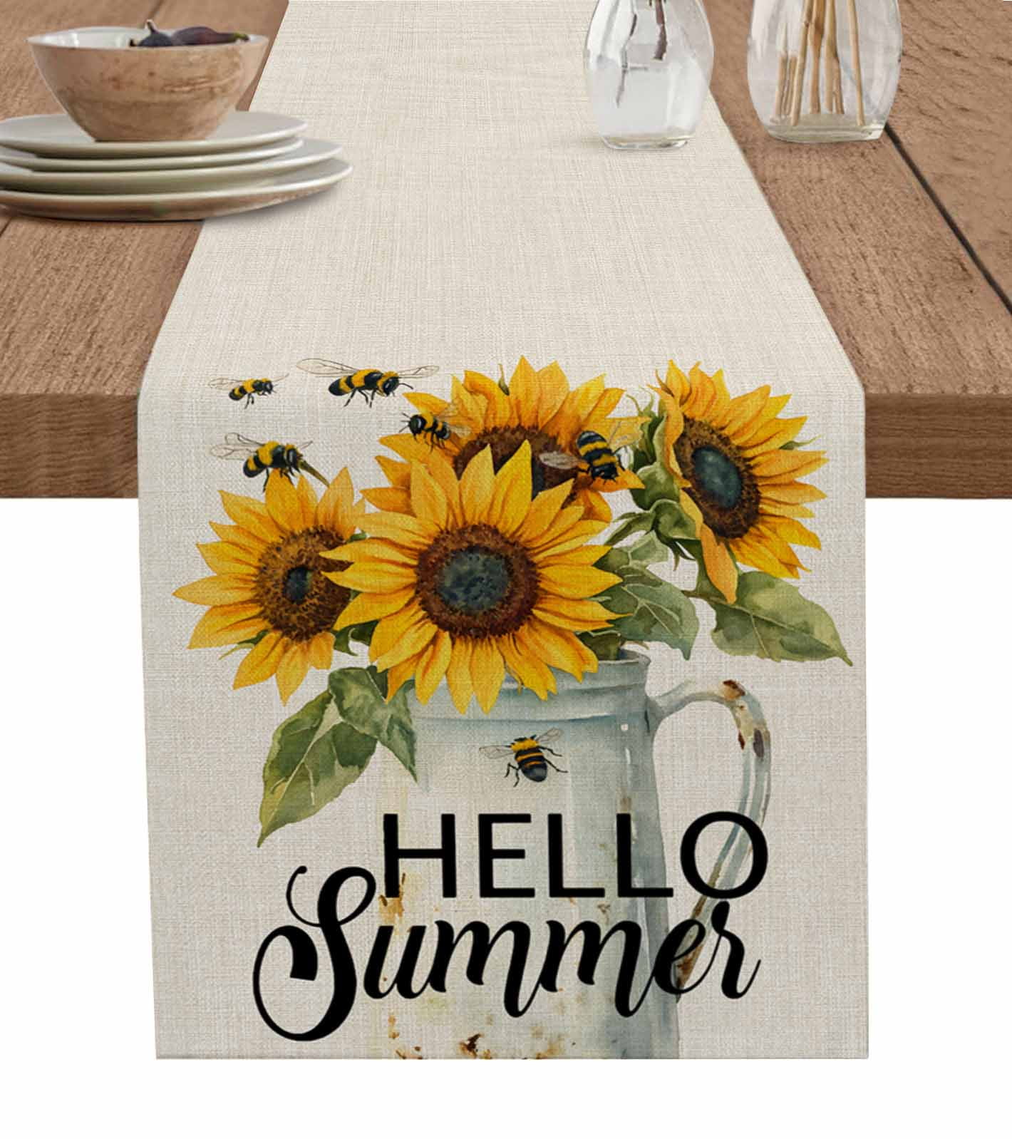 Extra Long Sunflower & Bee Table Runner - 13x120 Inch Cotton Linen Rustic Farmhouse Decor - View #6