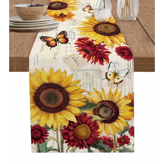 Boanket Sunflower Table Runner - 90 Inch Long, Kitchen Dining Table Runner Dresser Scarves, Farmhouse Roses Floral Vintage Butterfly Farmhouse Home Decor for Coffee Table Wedding Party Banquet