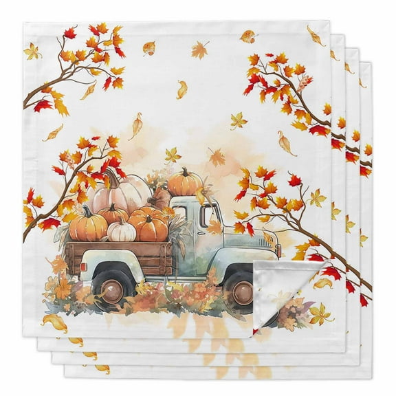 Boanket Thanksgiving Fall Cloth Napkins Set of 4, Holiday Napkins for Baby Shower, Autumn Pumpkin Truck Orange Maple Leaf Washable Reusable Dinner Napkins for Cocktail Wedding Party, 20 x 20 Inch