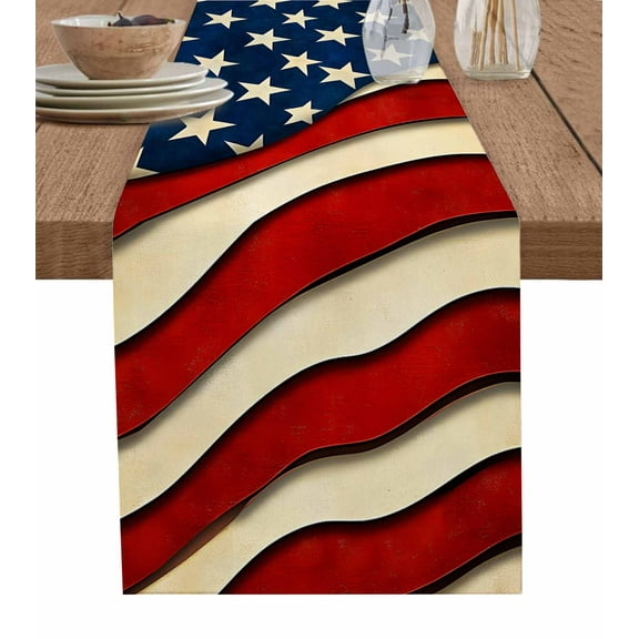 Boanket Vintage American Flag Table Runner - 36 Inch Long, Kitchen Dining Table Runner Dresser Scarves, Red Beige Waves Farmhouse Decor for Coffee Tables Wedding Party Banquet