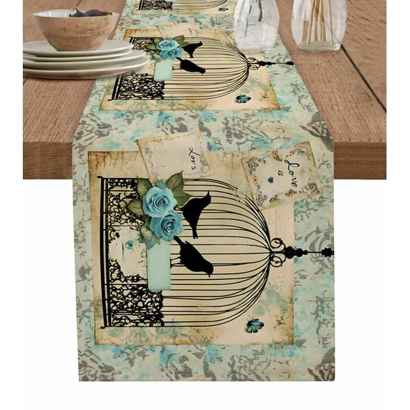 Boanket Vintage Bird Cage Table Runner - 36 Inch Long, Kitchen Dining Table Runner Dresser Scarves, Retro Floral Pattern Farmhouse Decor for Coffee Tables Wedding Party Banquet