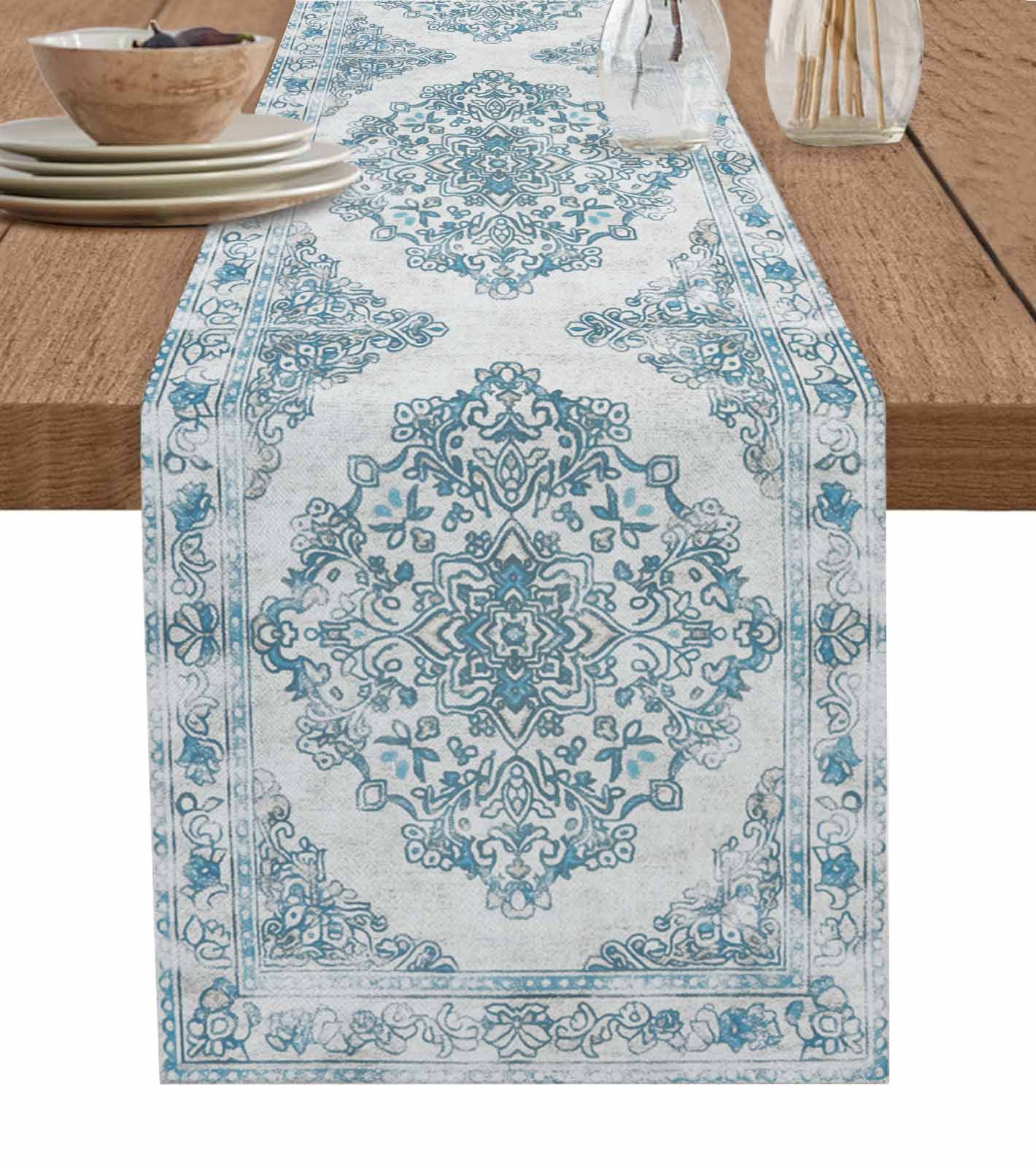 Boanket Vintage Blue Table Runner - 108 Inch Long, Kitchen Dining Table ...