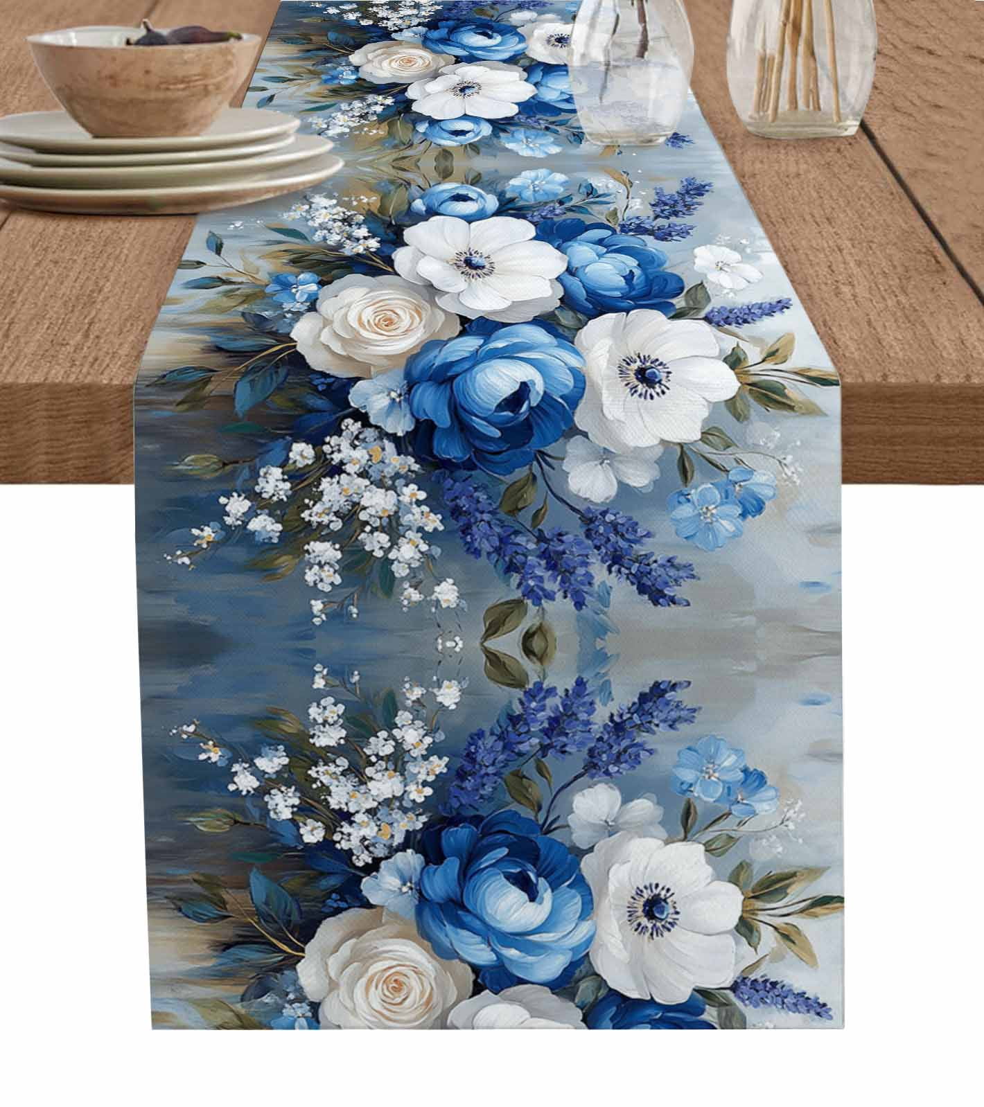 Boanket White Blue Spring Floral Table Runner - 36 Inch Long, Kitchen ...