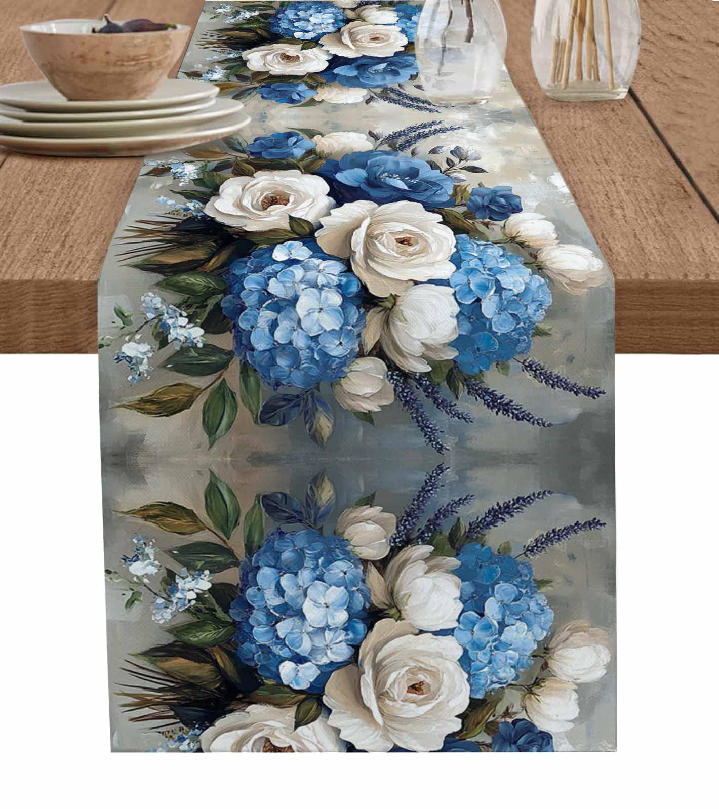 Boanket White Blue Spring Floral Table Runner - 60 Inch Long, Kitchen ...