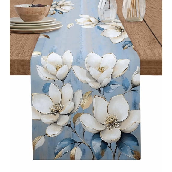 Boanket White Floral Table Runner - 48 Inch Long, Kitchen Dining Table Runner Dresser Scarves, Blue Botanical Flowers Branches Plants Farmhouse Decor for Coffee Tables Wedding Party Banquet