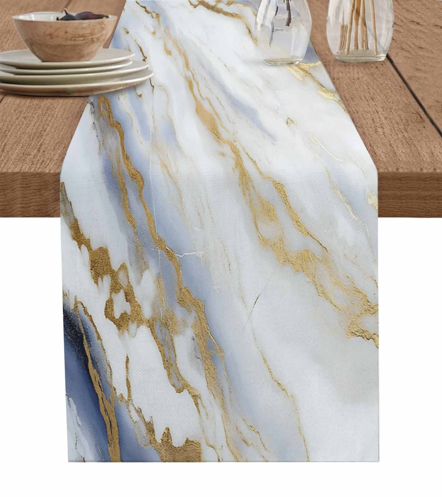 White & Gold Abstract Marble Table Runner - 13x36 Inch Faux Linen, Digital Print, Wrinkle Release, For Dining Table, Wedding, Party Decor