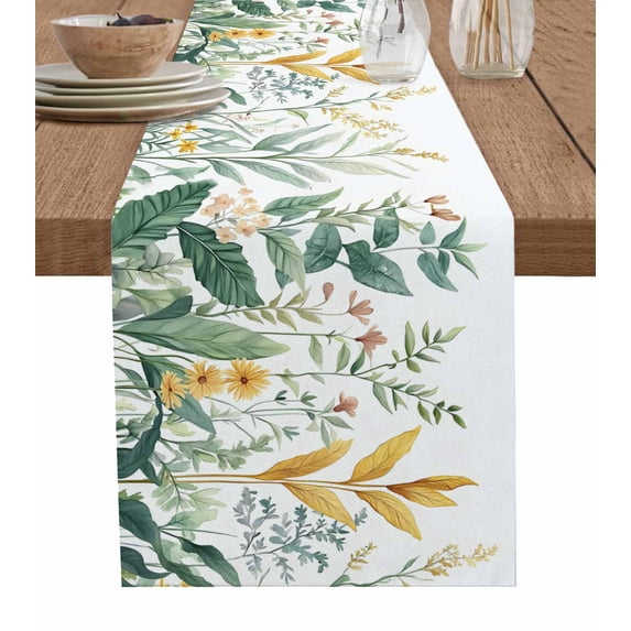 Boanket Yellow Green Botanical Table Runner - 108 Inch Long, Kitchen Dining Table Runner Dresser Scarves, Rustic Watercolor Leaves Farmhouse Decor for Coffee Tables Wedding Party Banquet