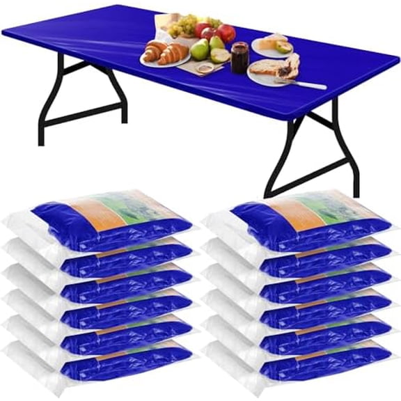 Boao 12 Pcs Plastic Table Cloths Disposable for Parties Picnic Table Covers with Fall Elastic Fitted Elastic Cover Rectangle Waterproof (6 Ft, 72 x 30 Inch,Navy Blue)