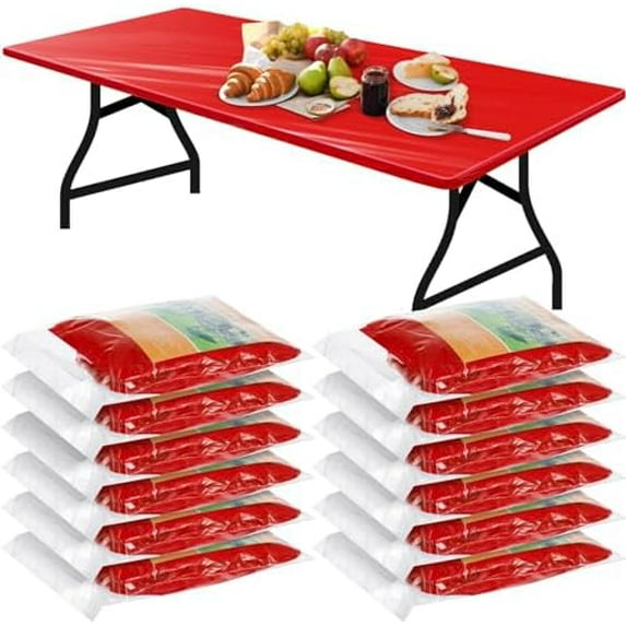 Boao 12 Pcs Plastic Table Cloths Disposable for Parties Picnic Table Covers with Fall Elastic Fitted Elastic Cover Rectangle Waterproof for Thanks Giving Christmas Picnic(8 Ft, 96 x 30 Inch,Red)