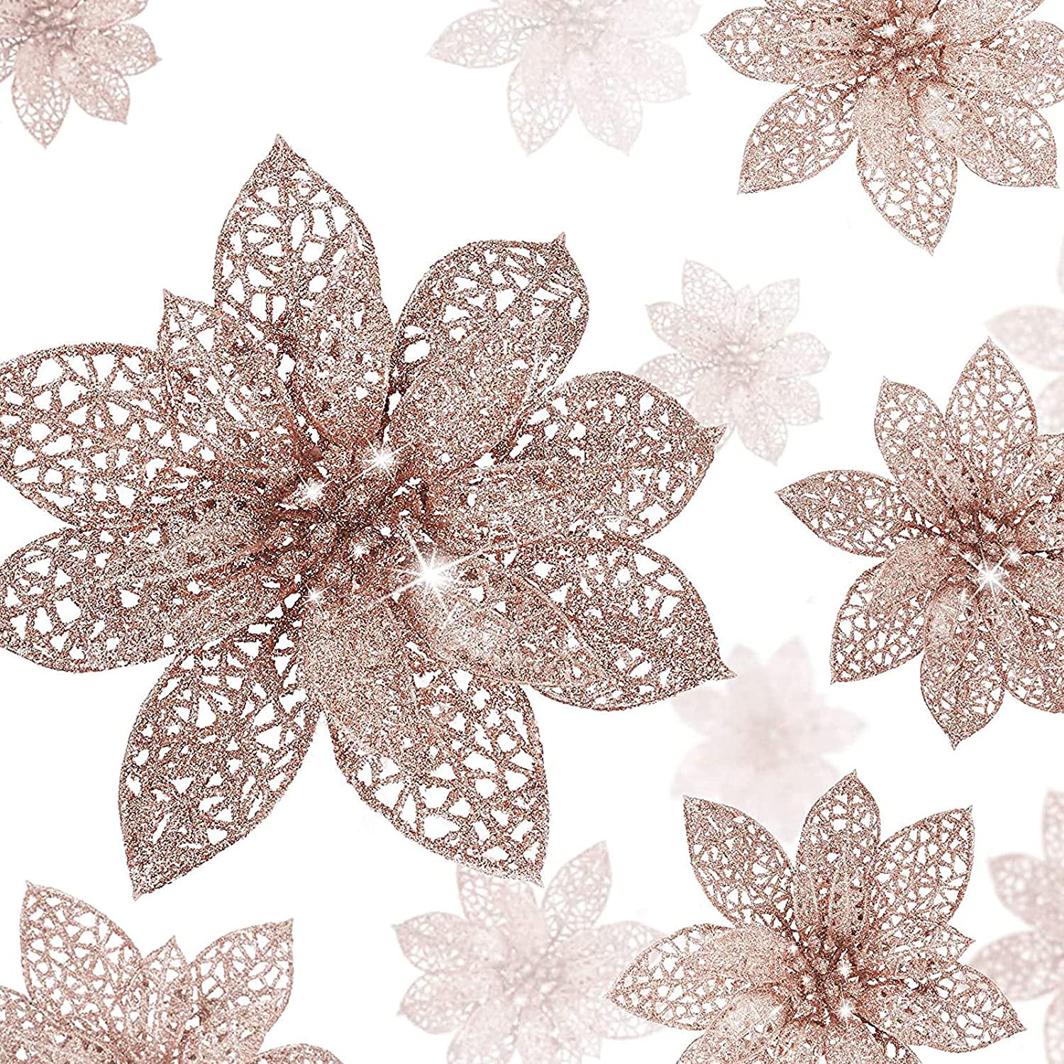 WILLBOND 24 Stuks 3 Size Kerst Glitter Poinsettia Bloemen Bruiloft Faux Bloemen Kerst Decoratie Ornamenten Voor Kerstboom Nieuwjaar Thuis Outdoor Decoratie (Blauw en Groen, 8,2/4/6 inch