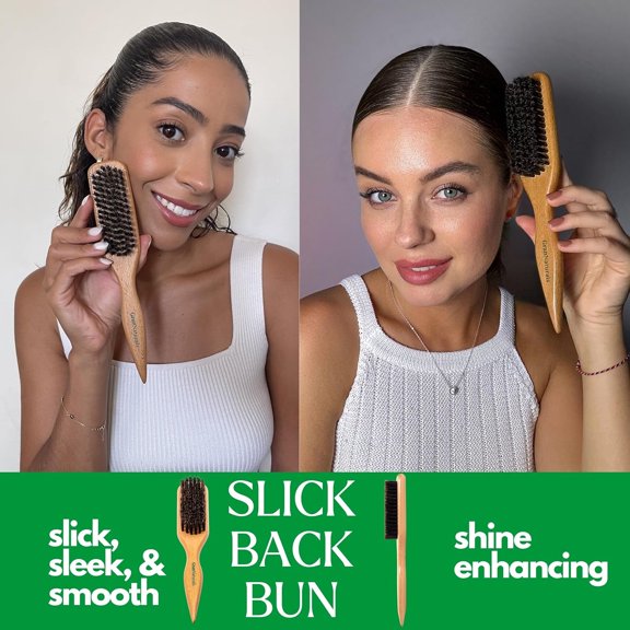 Boar Bristle Slick Back Hair Brush for Sleek Ponytail Bun & Smoothing Baby Hairs, Flyaways, Edge Control - Backcombing & Teasing Hairbrush with Wide Rat Tail for Sectioning & Parting