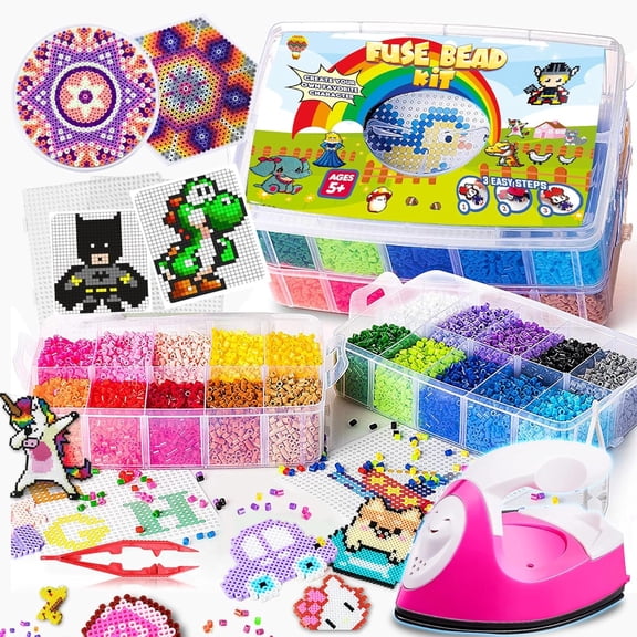 Board Fuse Beads Iron Set - Fuse Bead Kit for Kids Crafts with Bead Pegboard and Aqua Pony Beads, Pixel Art and Craft Kit (Large Set with Iron)