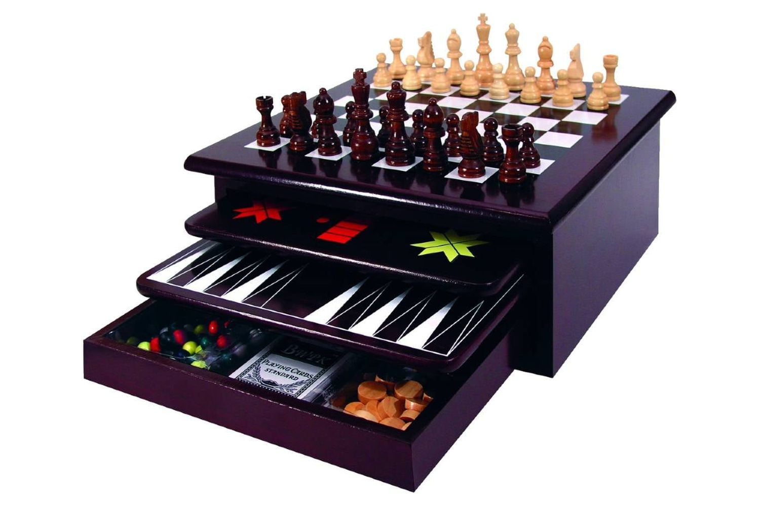 UNKNOWN Board Game Set - Deluxe 15 in 1 Tabletop Wood-accented Game Center with Storage Drawer (Checkers, Chess, Chinese Checkers, Parcheesi, TicTacToe, SOlitaire, Snakes and Ladders, Mancala, Backgammon, Po