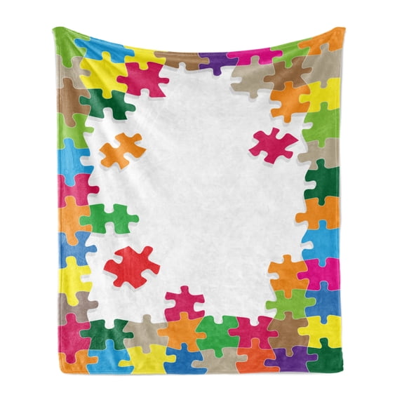 Board Game Soft Flannel Fleece Blanket, Colorful Jigsaw Puzzle Theme Geometric Shapes Composition Nursery Style Design, Cozy Plush for Indoor and Outdoor Use, 50" x 60", Multicolor, by Ambesonne