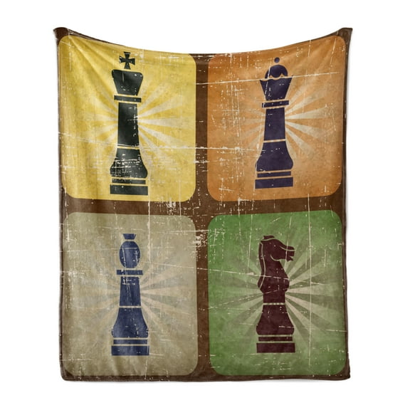 Board Game Soft Flannel Fleece Blanket, Vintage Style Chess Pieces Bishop with King Queen and Knight with Grunge Effect, Cozy Plush for Indoor and Outdoor Use, 50" x 70", Multicolor, by Ambesonne