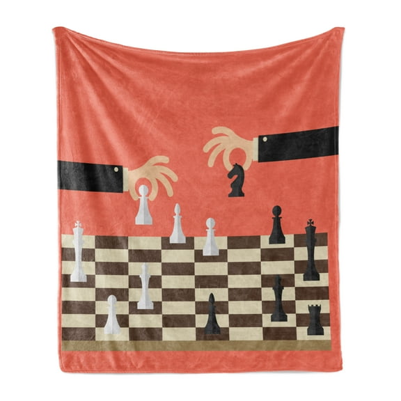 Board Game Soft Flannel Fleece Throw Blanket, Cartoon Chess Theme Illustration with 2 Businessman Playing, Cozy Plush for Indoor and Outdoor Use, 50" x 60", Coral Black, by Ambesonne