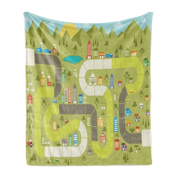 Board Game Soft Flannel Fleece Throw Blanket, Cartoon Style Composition with Buildings Cars and Mountain Landscape Design, Cozy Plush for Indoor and Outdoor Use, 50" x 70", Multicolor, by Ambesonne