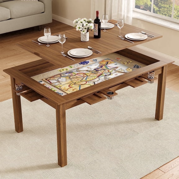 FOUHIU Board Game Table for 4-6 Players with Removable Top, Dining & Gaming Table with Cup Holders and Hobby Trays, Walnut