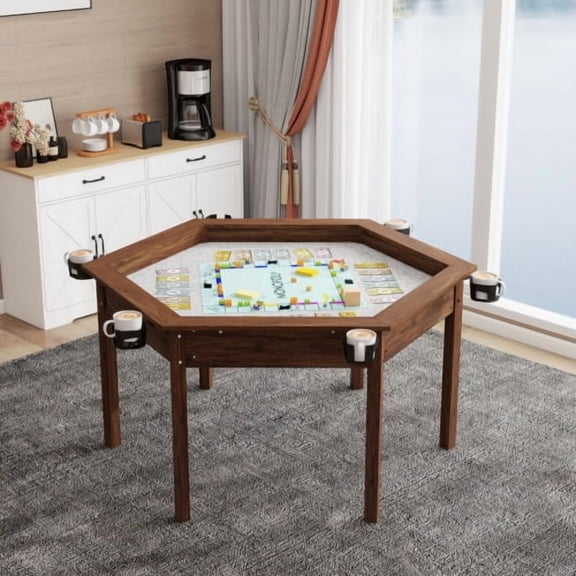 Board Game Table with Removable Top, 2-in-1 Hexagon Gaming and Dining Table for 6 Players, Solid Wood Legs, Non-Slip Play Mat, Rotating Cup Holders, Rustic Brown