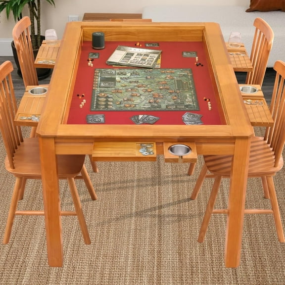 Board Game Table with Removable Top, Heirloom-Quality Solid Wood Dining & Gaming Table for 4–6 Players, Neoprene Play Mat, Leaf Storage Rack, 6 Cup Holders & Trays, 54" x 31" Big Play Area, Nature