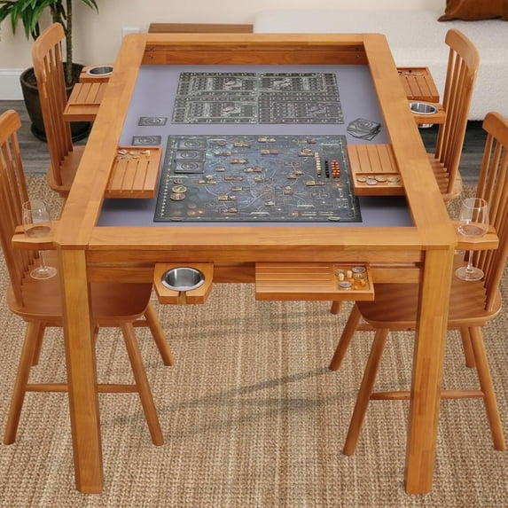 Agreatby Solid Wood Board Game Table for 4–6 Players, Dining & Gaming Table with 57.5" x 33.8" Big Play Area, Removable Top, Neoprene Play Mat, Leaf Storage Rack, 6 Cup Holders & Trays, Nature