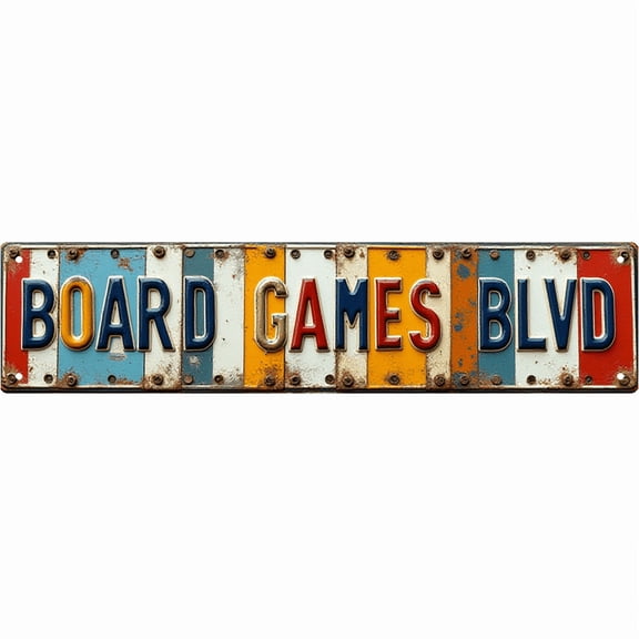 Board Games Boulevard Tin Decor 16*4 Inches "BOARD GAMES BLVD" Game Room/Playroom Wall Art - Retro Game Accent, Board Game Decor, Game Room Metal Sign