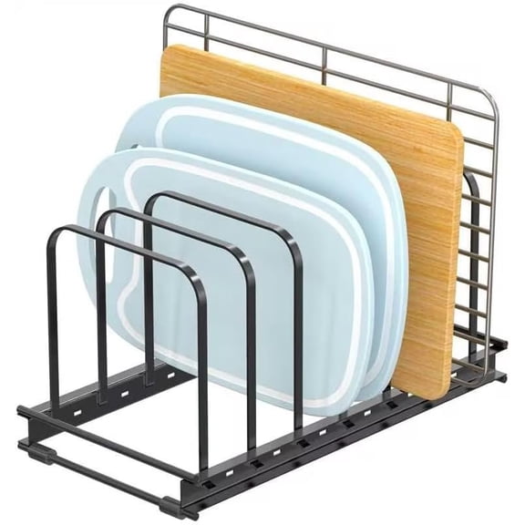 Board Organizer Rack, 1-Pack Adjustable Bakeware Organizer Holder for Cabinet Countertop, 7 Slots Metal Rack Cookie Baking Sheet, Pot Pan Divider Kitchen Organization Storage, Black