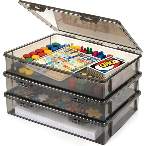 Board Storage, 3 Pack Stackable Board Storage Box with Snap Tight Latch Lid, Plastic Case Bin for Puzzle Magazine A4 Paper Craft Hobby (Black)