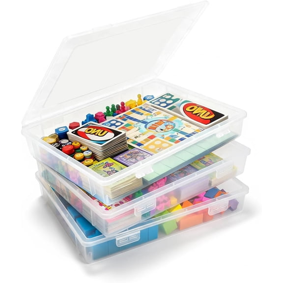 Board Storage, 3 Pack Stackable Board Storage Containers with Snap Tight Latch Lid, Portable Plastic Case Bin Storage Box for Puzzle Magazine A4 Paper Craft Hobby