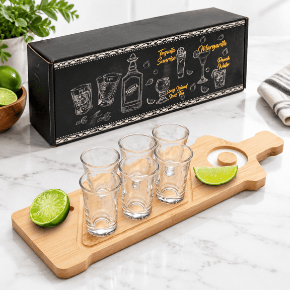 Board and 6 Glasses Tequila Shot Serving Set with Salt Rimmer and Lemon