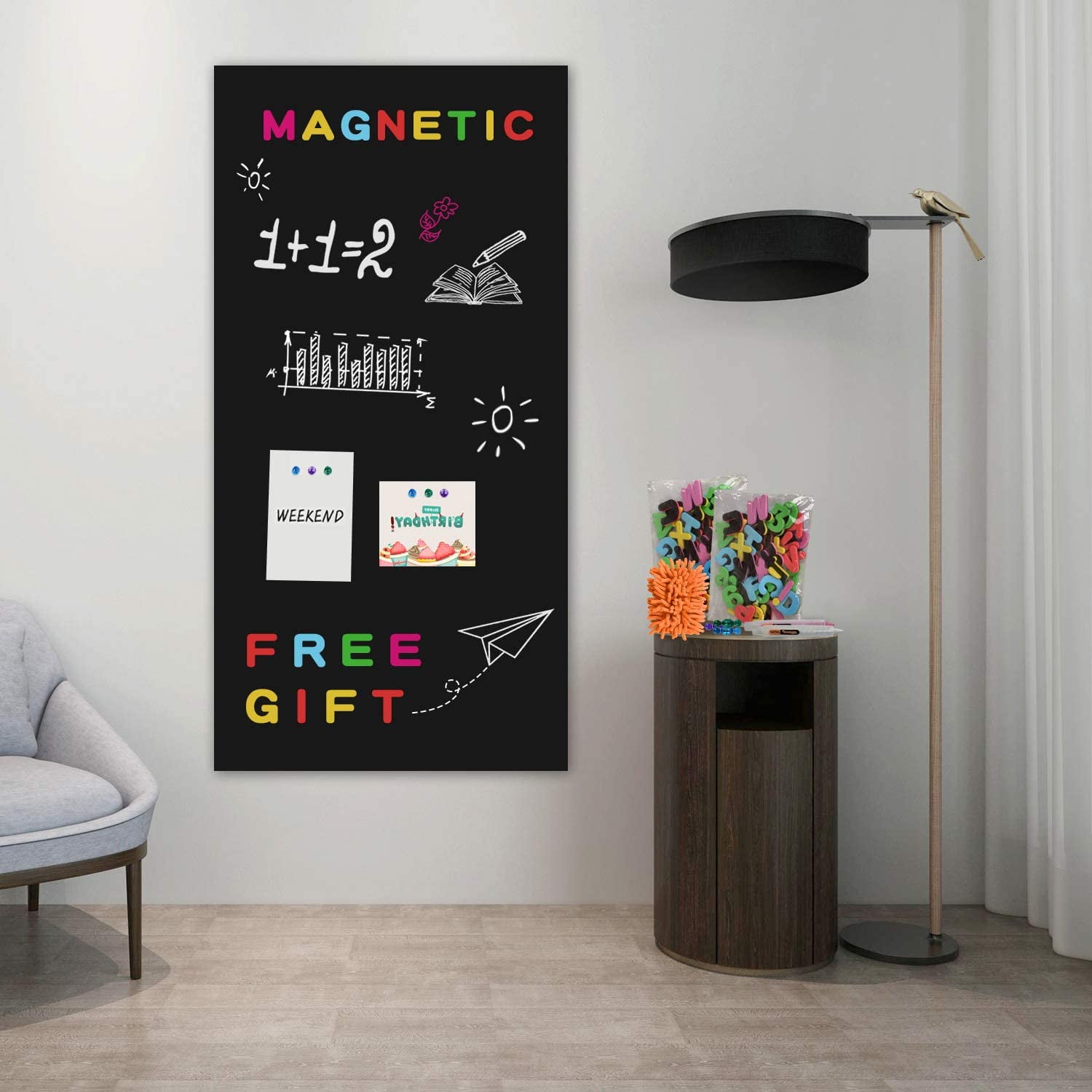 Board2by Magnetic Chalkboard Paper for Wall, 38.9 x 18 Self Adhesive Chalk  Board Wallpaper, Blackboard Paper with 46 Magnetic Letters for Kids, Black  