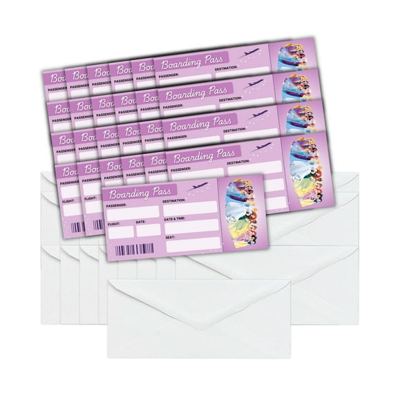 Boarding Pass Surprise Magical Vacation 25pk 3.75x8.25 with Envelopes Princess Purple Summer Trip Kingdom Mouse Land