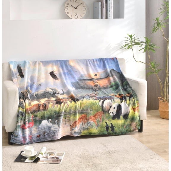 Boarding The Ark 50 x 60 Inch Plush Throw Blanket: Noahs Ark Wildlife Scene