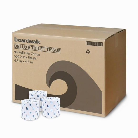Boardwalk 2-Ply Bulk Toilet Paper Rolls for Professional and Commercial Use | 187.5 Feet Septic Safe Single Roll Toilet Paper Rolls | 500 White 4.5" x 4.5" Sheets per Roll | 96 Count per Box