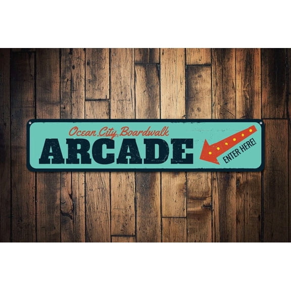 Boardwalk Arcade Sign Enter Here Arrow Sign Beach Boardwalk Sign Arcades Here Custom Beach House Decor - Size: 16 x 4 Inches