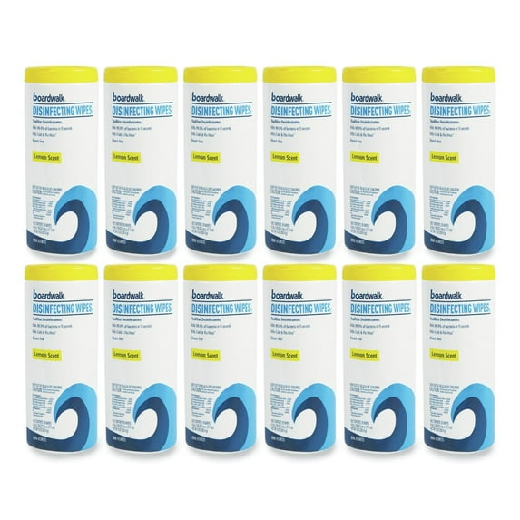 Boardwalk BWK455W35 7 in. x 8 in. Disinfecting Wipes - Lemon Scent (35/Canister, 12 Canisters/Carton)