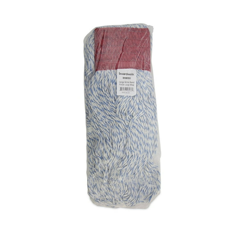 Mop Head, Floor Finish, Wide, Rayon/Polyester, Medium, White/Blue, 12/Carton Mop Head, Floor Finish, Wide, Rayon/Polyester, Medium, White/Blue, 12/Carton