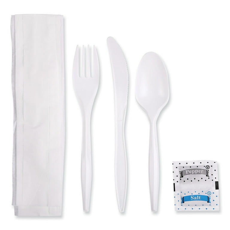 Mediumweight Cutlery Kit, Plastic Fork/Spoon/Knife/Salt/Pep/Napkin, White, 250/Carton Mediumweight Cutlery Kit, Plastic Fork/Spoon/Knife/Salt/Pep/Napkin, White, 250/Carton
