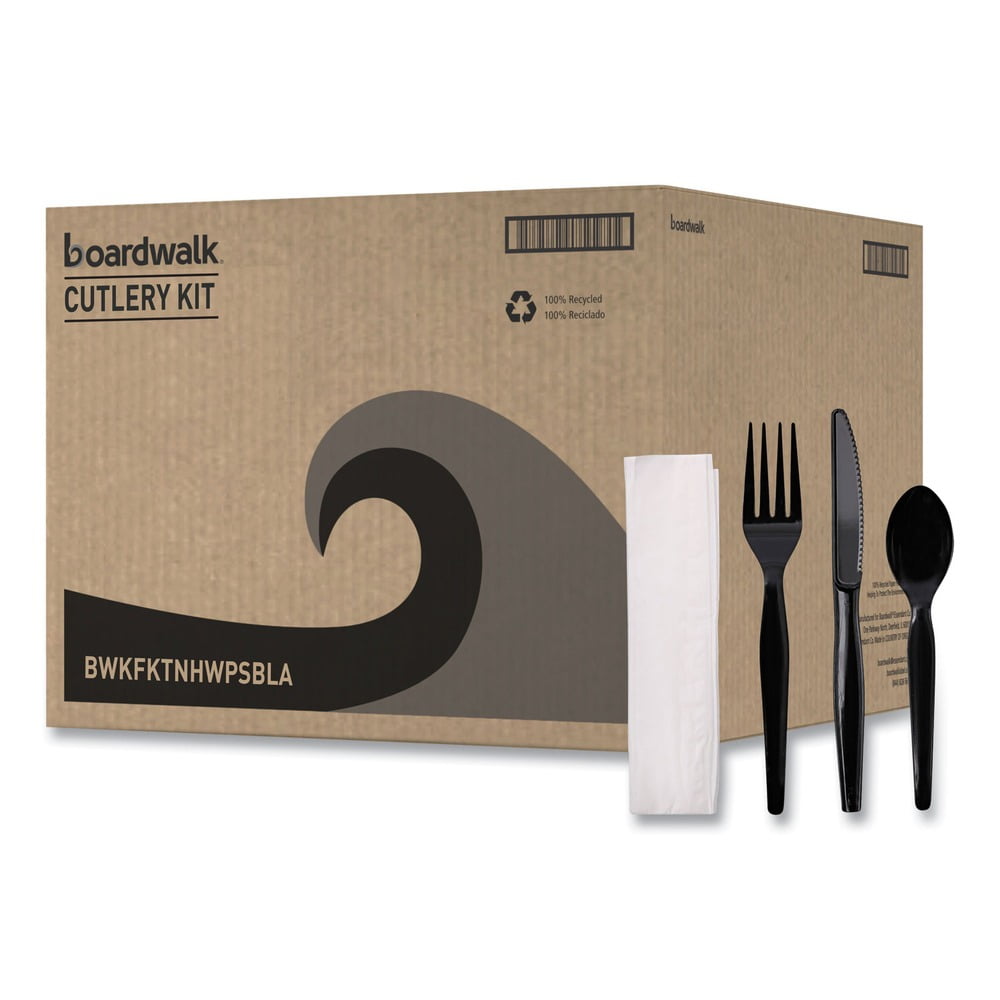 Boardwalk BWKFKTNHWPSBLA 4-Piece Heavyweight Fork/Knife/Napkin/Teaspoon Cutlery Kit - Black (250/Carton)