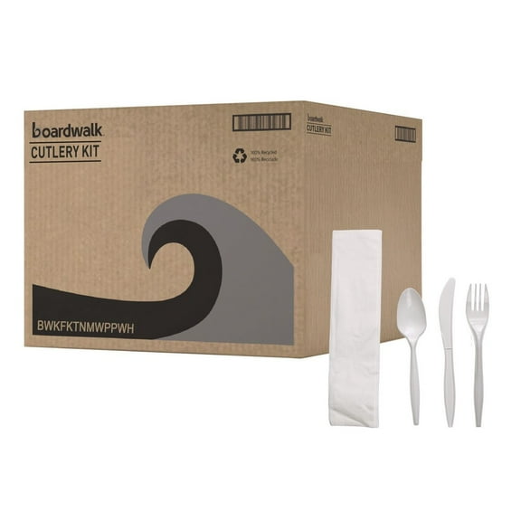 Boardwalk Four-Piece Cutlery Kit Fork/Knife/Napkin/Teaspoon White Polypropylene 250/CT FKTNMWPPWH